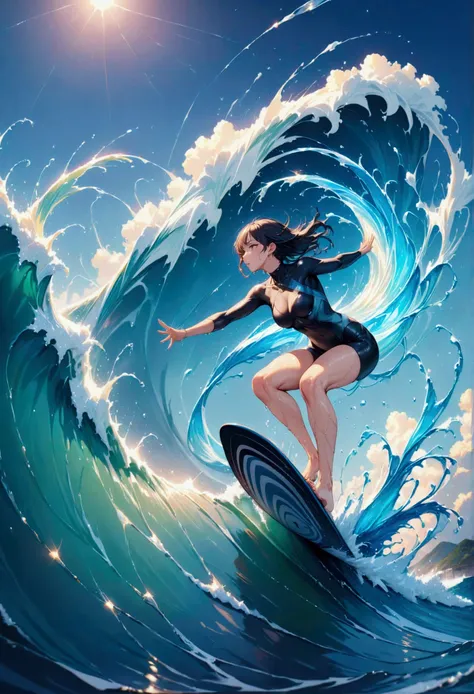 surfing, surfer, (masterpiece:1.2), best quality, high quality, Highres, (hyper detailed), water element,