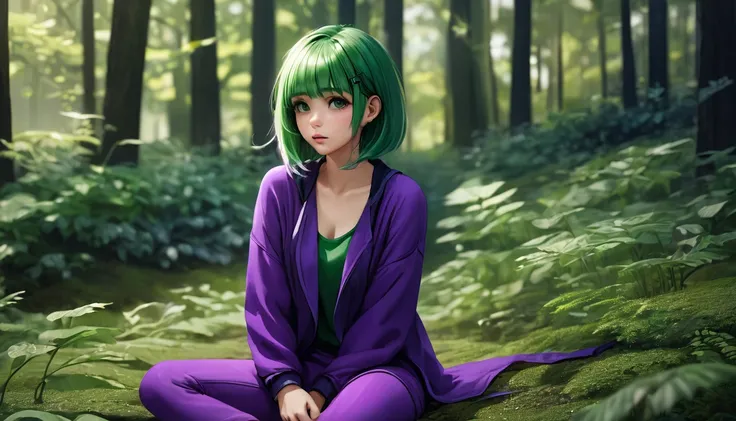 Latte 867, One girl, alone, (Forest Green Hair:1.2), Asymmetrical haircuts, (Purple clothes:1.2) masterpiece, Highest quality, photoRealistic, Realistic, (RAW Photos, 8K Ultra HD, Film Grain), Caustics, Scattered beneath the surface 