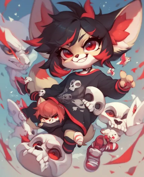 Fennec fox, cute girl fox, kid, chibi, short hair, black hair with red highlights, red eyes, black shirt with a white skull, smirk