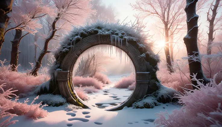 fantasy, In a snowy ancient forest, a frosty portal appears between bare branches, its edges glimmering with ice crystals. The ground is covered in fresh snow, and a soft glow emanates from within the portal., soft pink color scheme, dramatic dutch light, ...