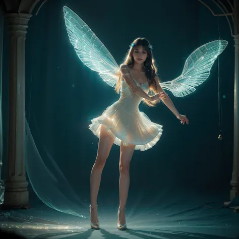 A delicate fairy with translucent wings and long, flowing hair sits gracefully on a tall stool. She wears a light, ethereal dress that glows softly, with matching shoes. The background is blurred, filled with shimmering lights and a dreamy atmosphere. ((Ul...