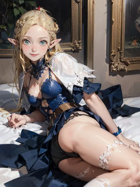 Gothic fashion woman，(masterpiece, Highest quality) detailed,Silver Accessories , blonde ,Pointy Ears ，Lace Underwear，Double Tail，Waist-length hair，smile，Star ornament，White lace socks，