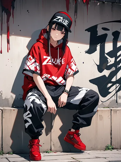 photo of a young adult name zazuke, wearing street  hip-hop clothes, barrier hip-hop pants, red shoes, sitting on a wall with an...