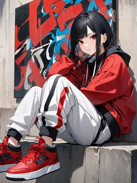 photo of a young adult name zazuke, wearing street  hip-hop clothes, barrier hip-hop pants, red shoes, sitting on a wall with an...