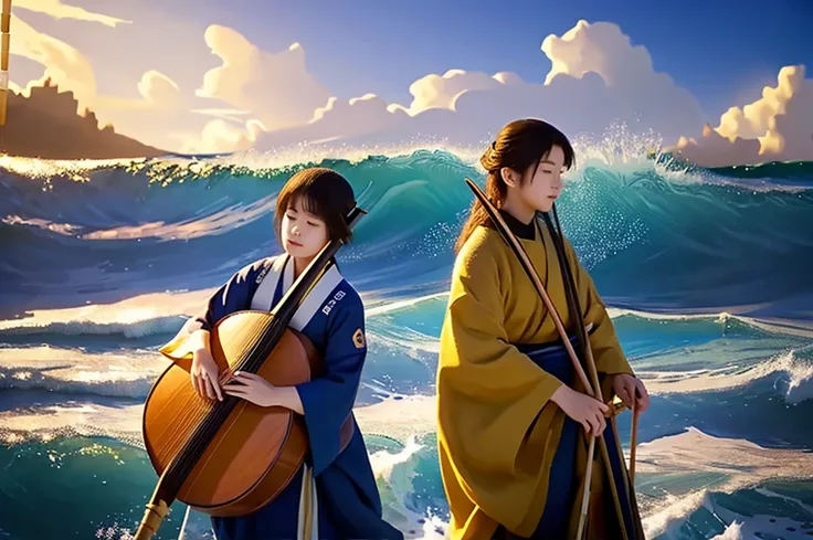 Highest quality　masterpiece　A beautiful woman playing the shamisen in front of a big wave　Photo style　Real　Fantasy　Dramatic Production