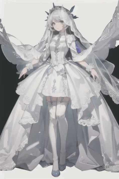 (solo:1.5), long hair, bride, blode hair, (white wedding dress), white thighhighs, white garter straps, white pointed toe flats,...