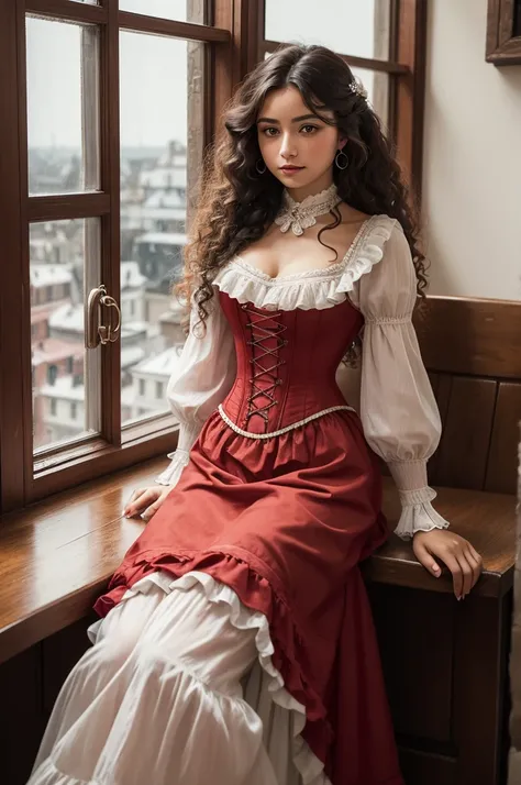 Woman ,Gipsy , with red 18th century dress with white corset , curly longhair , looking at the place from a window , sitting at a table with a glass of wine.