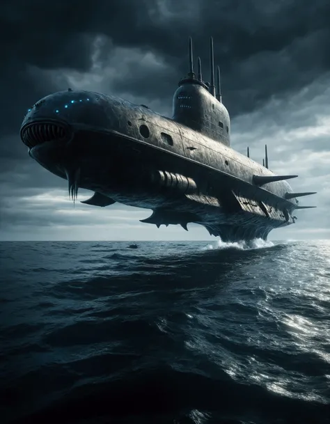 Ugly Alien Ship, Huge submarine, Standing in the sea, Alien, There&#39;s a small submarine nearby., A spectacular sight, heavy atmosphere, Surrealism, Chiaroscuro, Cinema Lighting, Wide Shot, masterpiece, Accurate, Anatomically correct, Super Detail, Atten...