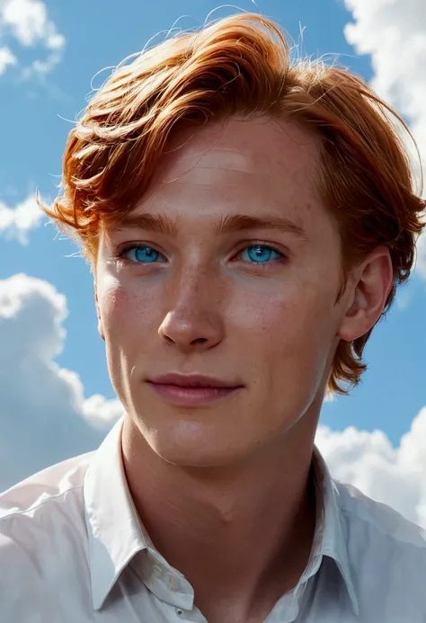 Reinhard, 1 boy, handsome, red_hair, light blue_eyes, cry,Masterpiece, best quality, The movie is still there., 1 girl, floating in the sky, cloud girl, cloud, (close up:1.1), bright, satisfied with oneself, Beaming, be happy, enjoyable, soft light, Volume...