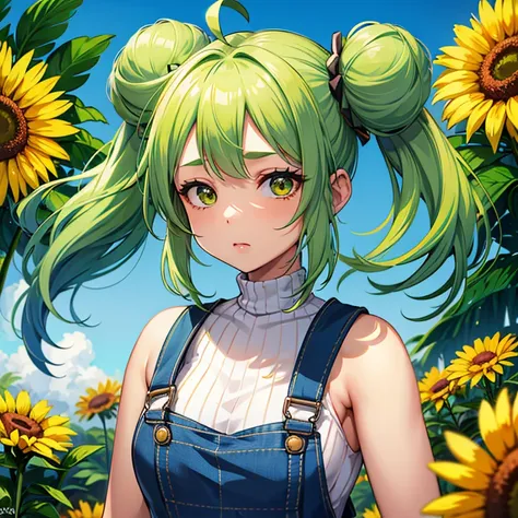 (One girl), Dazzling sunlight、half green hair、Double bun hairstyle、Hair blowing in the wind、Big Ahoge、Droopy eyes、Fatty face、butterfly hair accessories、Brown Skin、17 years old、Overalls、Viewed from the front、Only the upper body is visible