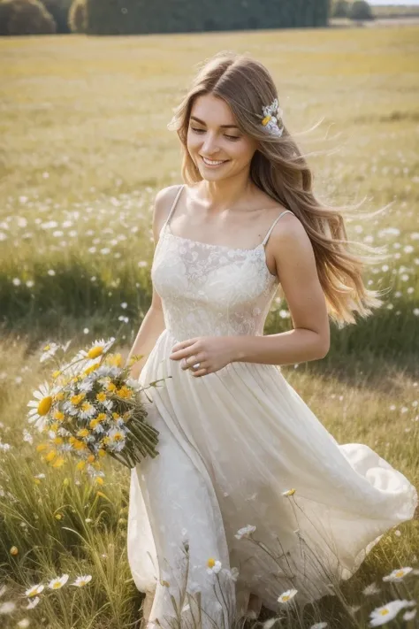 A young woman in a light light dress walks through a field with daisies and holds a large bouquet of wildflowers in her hands.. Her hair and dress are blowing in the wind, she smiles and looks at the viewer