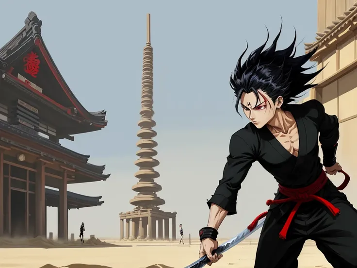 Black spiky wavy haired, red eyes anime man, training in sand ground, in front of ancient old japanese building, noon, blue sky, aesthetic, anime art, soft art, manga drawing, anime drawing, bleach drawing, samurai, wood sword, wearing black gi, tall heigh...