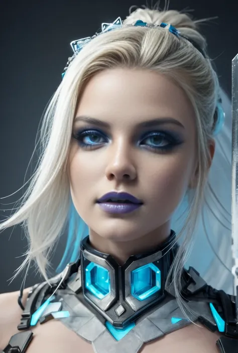 Cybergoth frostpunk queen android science sexy - fi aux yeux bleus, blonde, shutterstock, art numérique, androïde femelle ultra détaillé, dentelle cyborg fin, corps gros - planqué, peau en porcelaine, brume magique de pergélisol, neige, froid, glace.