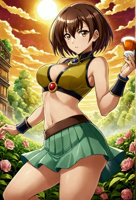 Tea Gardner de Yugioh, short brown hair, good body, transparent low-cut skirt and top, very sexy