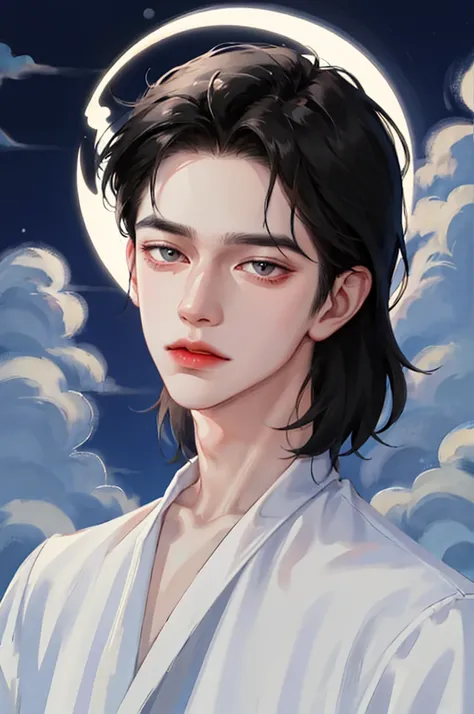 Handsome man wearing a white top, portrait, backlight, aegyo sal, Gradient lips, Glass Skin, rosy cheeks and lips, big eyes, alone, cartoon style, pale skin, black hair, pomade, cloud, full moon