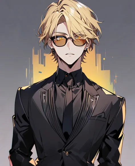 handsome, solo, 1 male, simple background，sparkling yellow eyes，black simple earring，Blonde short hair，color sunglasses，black suit，looking at Viewer，from front