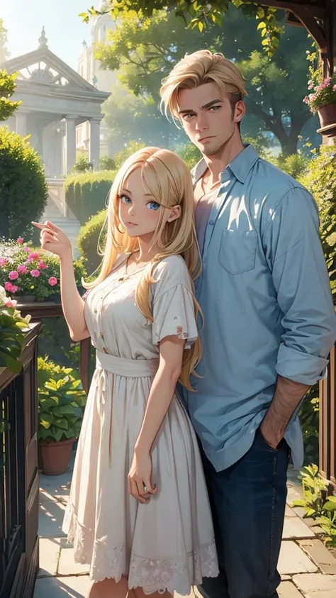 ((Best quality, 8K, masterpiece:1.3)), high detail, HD, masterpiece, epic quality, 2 people, man and girl standing, full height, girl and man walking in a beautiful garden, high detail of faces, drawing eyes, drawing shadows, drawing lips,man and girl , ro...