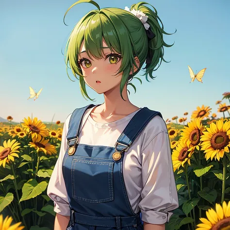 (One girl), Half green hair、Short Ponytail、Hair blowing in the wind、Big Ahoge、tareme、torogao、butterfly hair accessories、(Brown Skin)、17 years old、Overalls、Viewed from the front、Only the upper body is visible