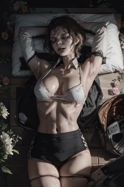  Zombie lying on back、Zombie sleeping on his back、Black gym bloomers, High Leg、School Shirt、whole body、(Black gym bloomers)+(White collared blouse)、Lie face up on the bed、Brown Hair、Surrounded by lots of flowers、ベッドでZombie sleeping on his back少女、close ~ ey...