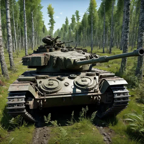 a chieftain tank running through the forest,the tank is painted in forest camouflage the body and gun barrel are disguised with ...