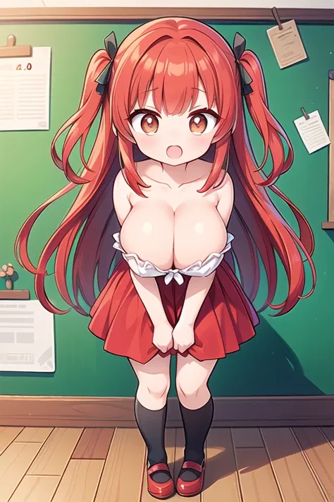 Cute naughty short figure Girl, (short stature:2.0, Excessively Overwhelmingly Gigantic huge Breasts:1.4, disproportionate breasts:1.4, thick legs:1.2, toddler body:1.3), (two side up:1.2, long hair:2.0, red hair:2.0), brown eyes, (naked:1.3), (blush, ;d, ...