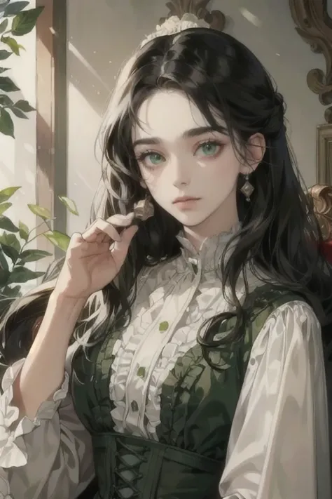 ((Highest quality)), ((masterpiece)), (detailed), Black Hair、深Green Eyes、Curly Hair、Long Hair、noble、Victorian clothing、serious、clear、Pitiful、Green Eyes、White、