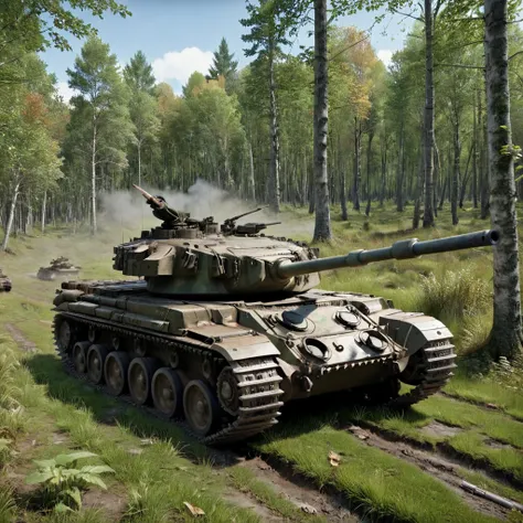 a chieftain tank running through the forest,the tank is painted in forest camouflage 、(the body and gun barrel are disguised wit...