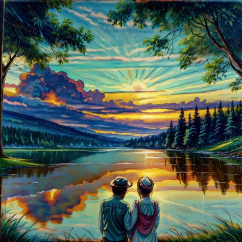 a loving couple stands in a serene lake, surrounded by a vast, green grass field. they gaze into each other's eyes, sharing an i...