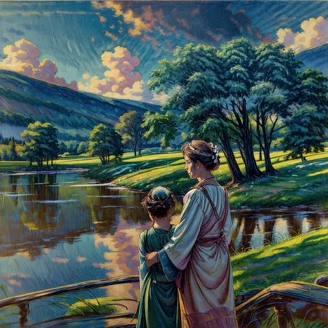 a loving couple stands in a serene lake, surrounded by a vast, green grass field. they gaze into each other's eyes, sharing an i...