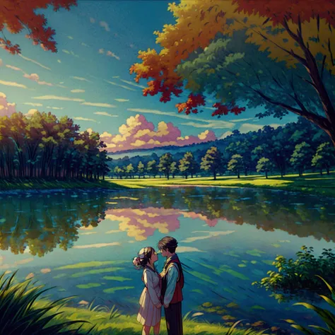 a loving couple stands in a serene lake, surrounded by a vast, green grass field. they gaze into each other's eyes, sharing an i...