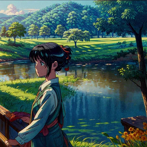 a loving couple stands in a serene lake, surrounded by a vast, green grass field. they gaze into each other's eyes, sharing an i...