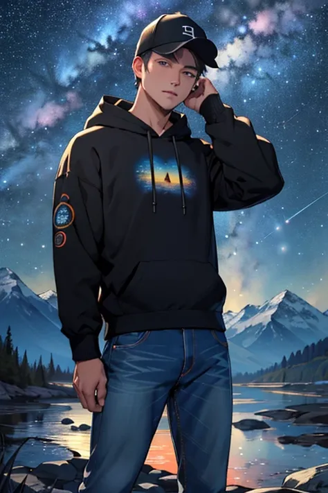 ((best quality)), ((masterpiece)), (detailed), 1 man , black hoodie , black cap , standing position , facing backward , starry night background , mountain background , night time , jeans