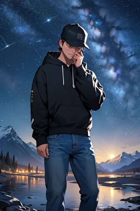 ((best quality)), ((masterpiece)), (detailed), 1 man , black hoodie , black cap , standing position , facing backward , starry night background , mountain background , night time , jeans , cap covering the face