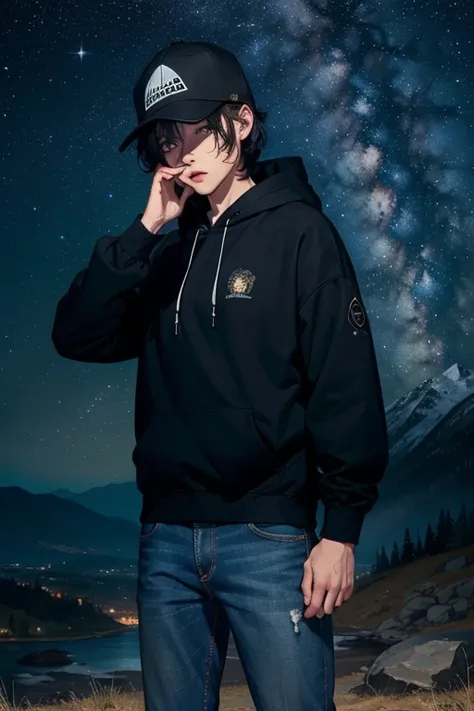 ((best quality)), ((masterpiece)), (detailed), 1 man , black hoodie , black cap , standing position , facing backward , starry night background , mountain background , night time , jeans , cap covering the face