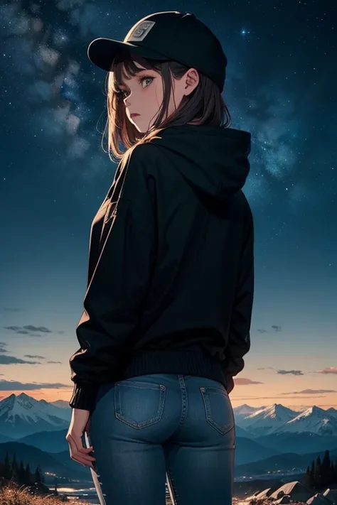 ((best quality)), ((masterpiece)), (detailed), 1 girl , black hoodie , black cap , standing position , facing backward , starry night background , mountain background , night time , jeans , cap covering the face , looking at the back