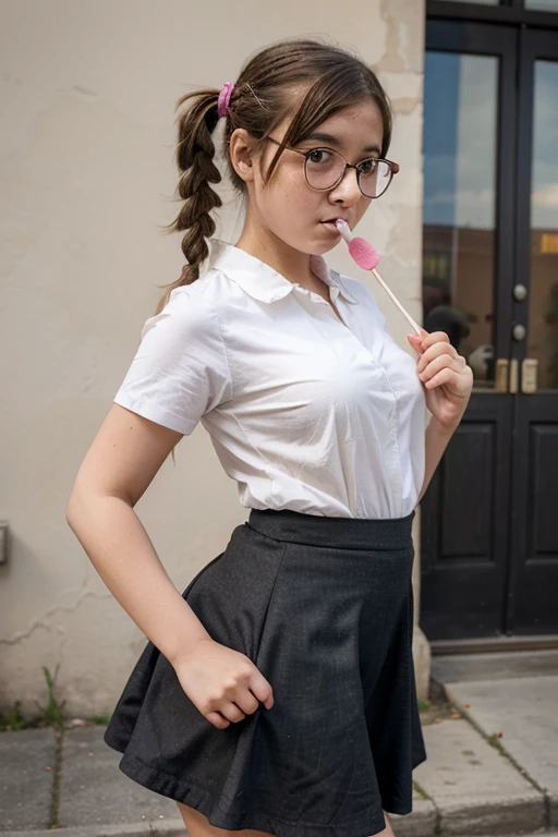 young girl, 14 years, , too fat, two pigtails hairstyle, glasses, sucking a lollipop, THE WIND LIFTS HER SKIRT, viewer bottom view