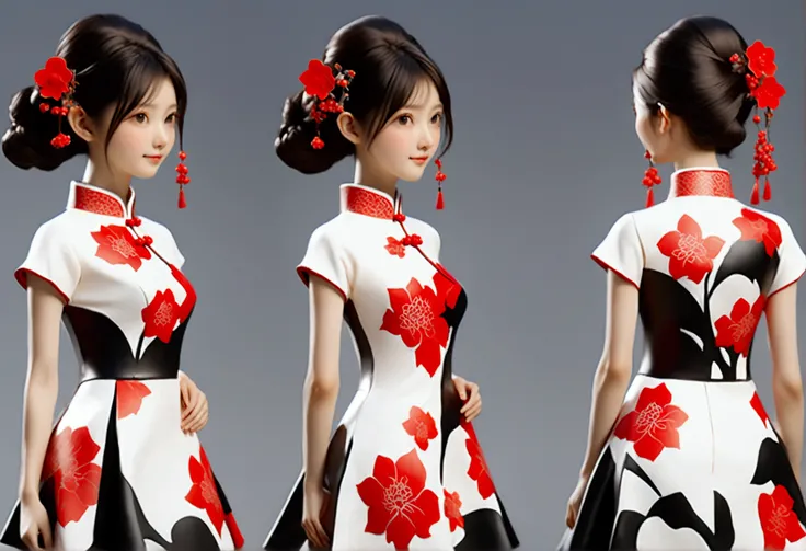 (((showing the front view of the same 3d character ip figurine design、side view、rear view:1.5)))，young fashionable girl，wearing ...