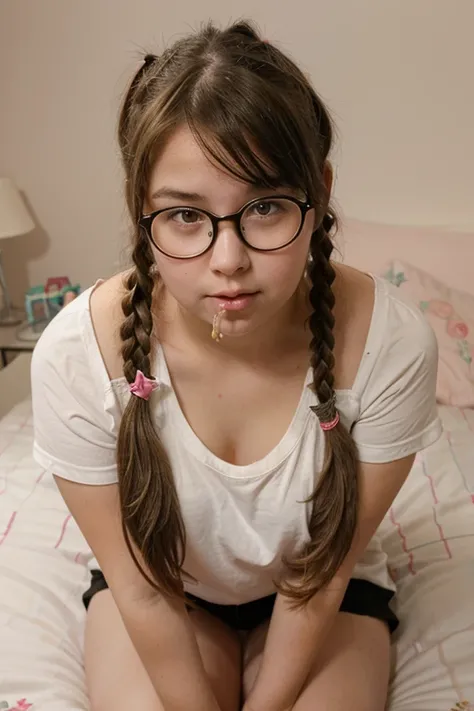 young girl, 14 years, , too fat, two pigtails hairstyle, glasses, sucking his finger, she is sitting on a bed, open and raise your feet