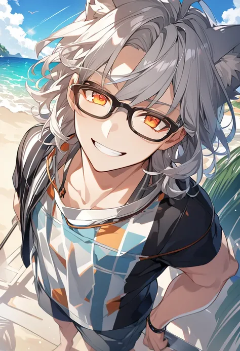 One Man、Gray Hair、Hairstyle、Shortcuts、Orange eyes、Slanted Eyes、Glasses、Fox Ears、smile、Are standing、View Viewer、null、Beach、sun、anime、Very detailed