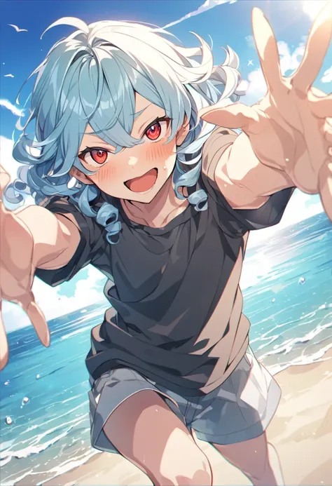 A 15-year-old boy、Light blue hair、Curly hair、Red eyes、Slanted Eyes、Excited、Blushed、View Viewer、null、Beach、Ocean、Anime Style、Very detailed。