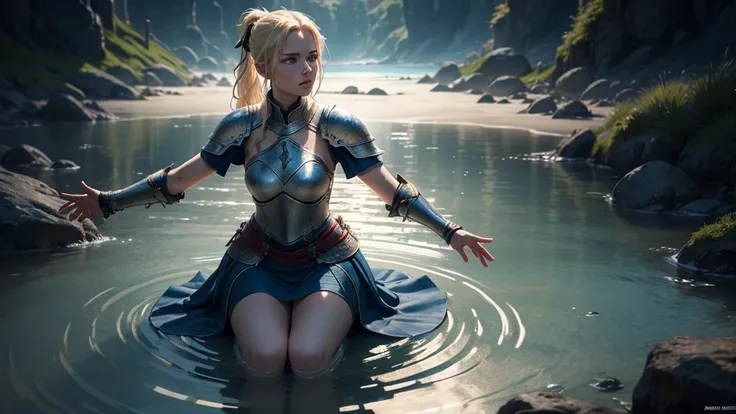 a female knight kneeling in shallow water, water ripples around her, raising arms with open hands looking up, blonde hair tied in ponytail with red ribbon, beautiful detailed blue eyes, hyper realistic, photorealistic, masterpiece, highly detailed, 8k, ult...