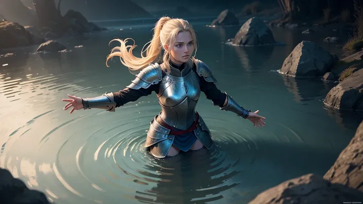 a female knight kneeling in shallow water, water ripples around her, raising arms with open hands looking up, blonde hair tied in ponytail with red ribbon, beautiful detailed blue eyes, hyper realistic, photorealistic, masterpiece, highly detailed, 8k, ult...