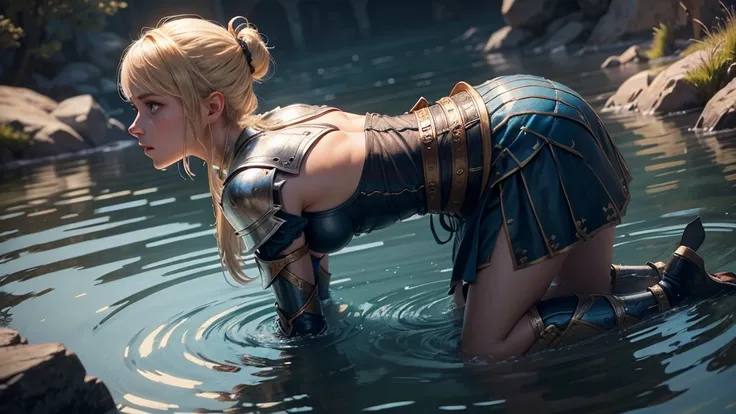 a female knight kneeling in shallow water, water ripples around her, raising arms with open hands looking up, blonde hair tied in ponytail with red ribbon, beautiful detailed blue eyes, hyper realistic, photorealistic, masterpiece, highly detailed, 8k, ult...