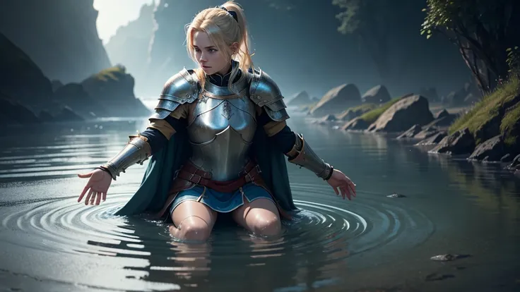 a female knight kneeling in shallow water, water ripples around her, raising arms with open hands looking up, blonde hair tied in ponytail with red ribbon, beautiful detailed blue eyes, hyper realistic, photorealistic, masterpiece, highly detailed, 8k, ult...