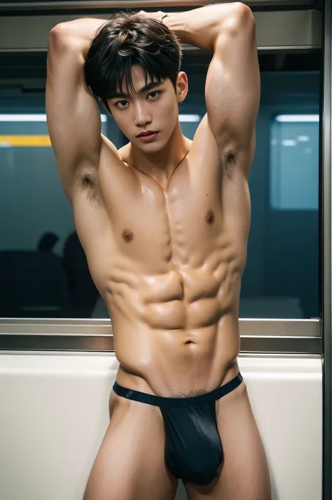 Amazing train scenery, in the middle of crowded inside the train, inside train on the background, crowded people, he wore a very small transparent thong covering half of his dick, dickprint, Sweat dripping all over the body, sweat covering all over the bod...