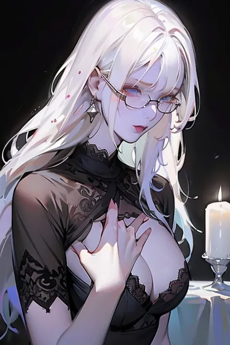 Cute 18 yo (albino:1.4)woman of Slavic descent.(short:1.1), long white hair, gray eyes, ((very pale:1.4)). Innocent look. Gentle spirit.(virgin), Eyeglasses, mascara,((black sheer lace lingerie and stocking)),(joy),(love), candle lit room, special night.(a...