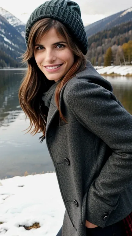 Lake Bell wearing sexy winter clothes and smiling