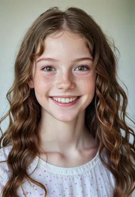 half body shot, a beautiful skinny teenager, 13 years old, danish, freckles, pale skin, big smile, ruby eyes, long wavy light br...