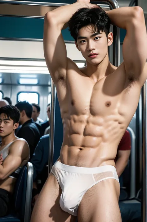 Amazing train scenery, in the middle of crowded inside the train, inside train on the background, crowded people, he wore a very small transparent thong covering half of his big hard dick, dickprint, Sweat dripping all over the body, sweat covering all ove...