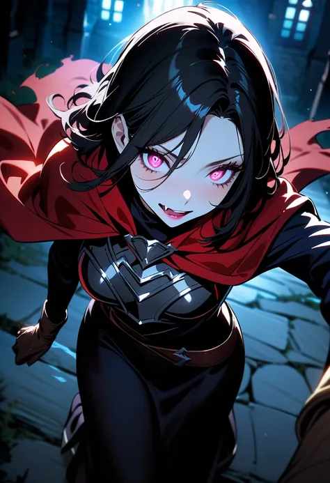 (full body portrait:1.1), 1girl, solo, (long black hair), detailed face, mischief expression, pale white skin, pink eyes, (detailed eyes), long eyelashes, black eye liner, red lipstick, vampire fang, detailed fang, black tunic, red cloak, long dress, leath...